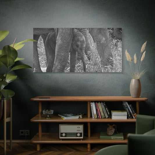 🐘 Protected – Elephant Calf Under Mother’s Belly (Canvas Print)