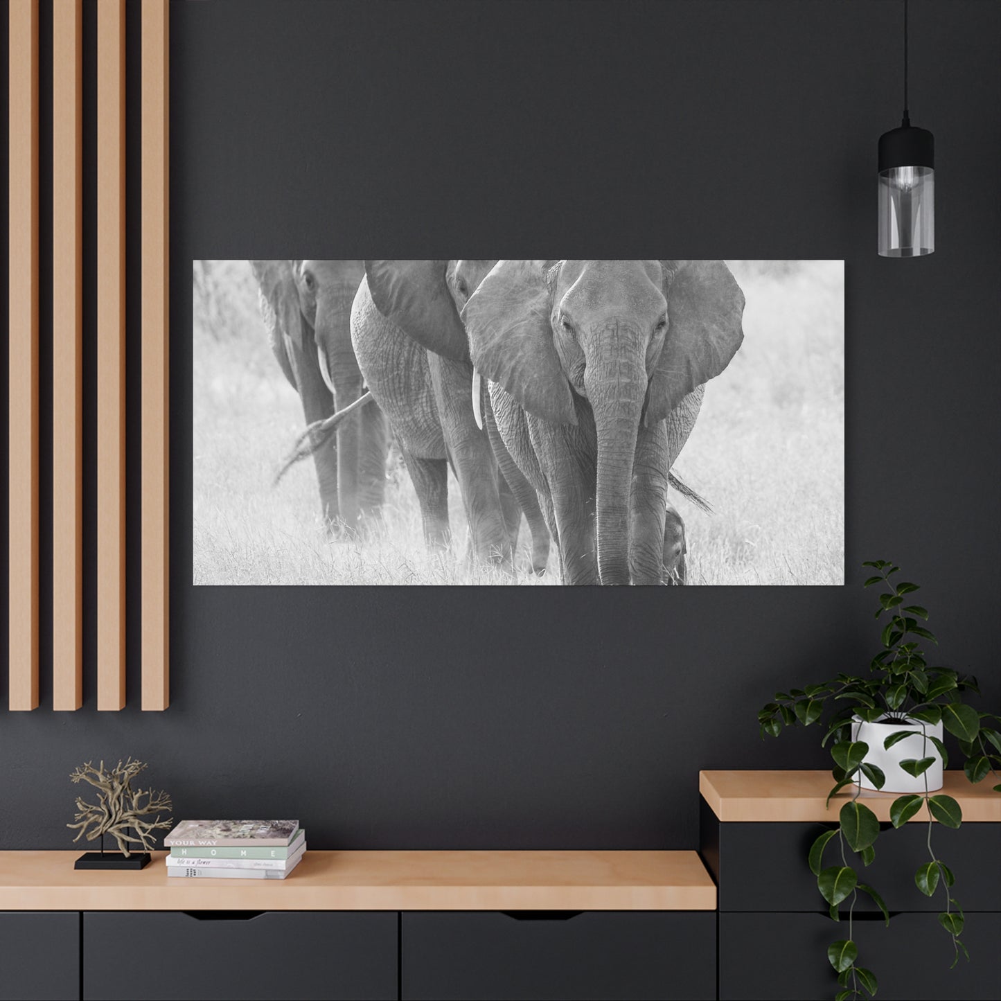 🐘 March of the Elephants – Black & White Canvas Print